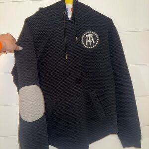 Black Quilted Hoodie with Gray Elbow Patches